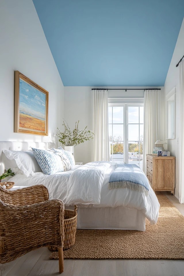 Soft blue ceiling with white walls creating airy feeling