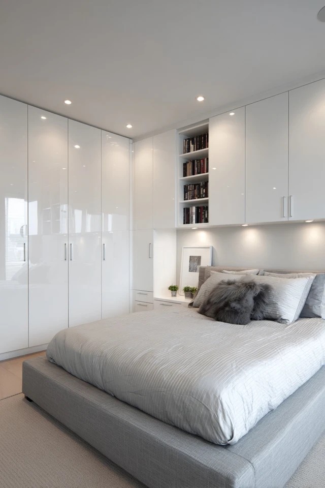 Floor-to-ceiling white lacquered doors with push-open mechanisms