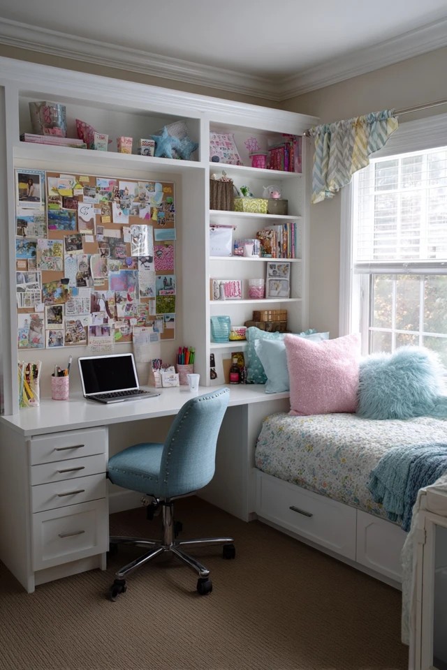 Built-in desk with shelving and bulletin board