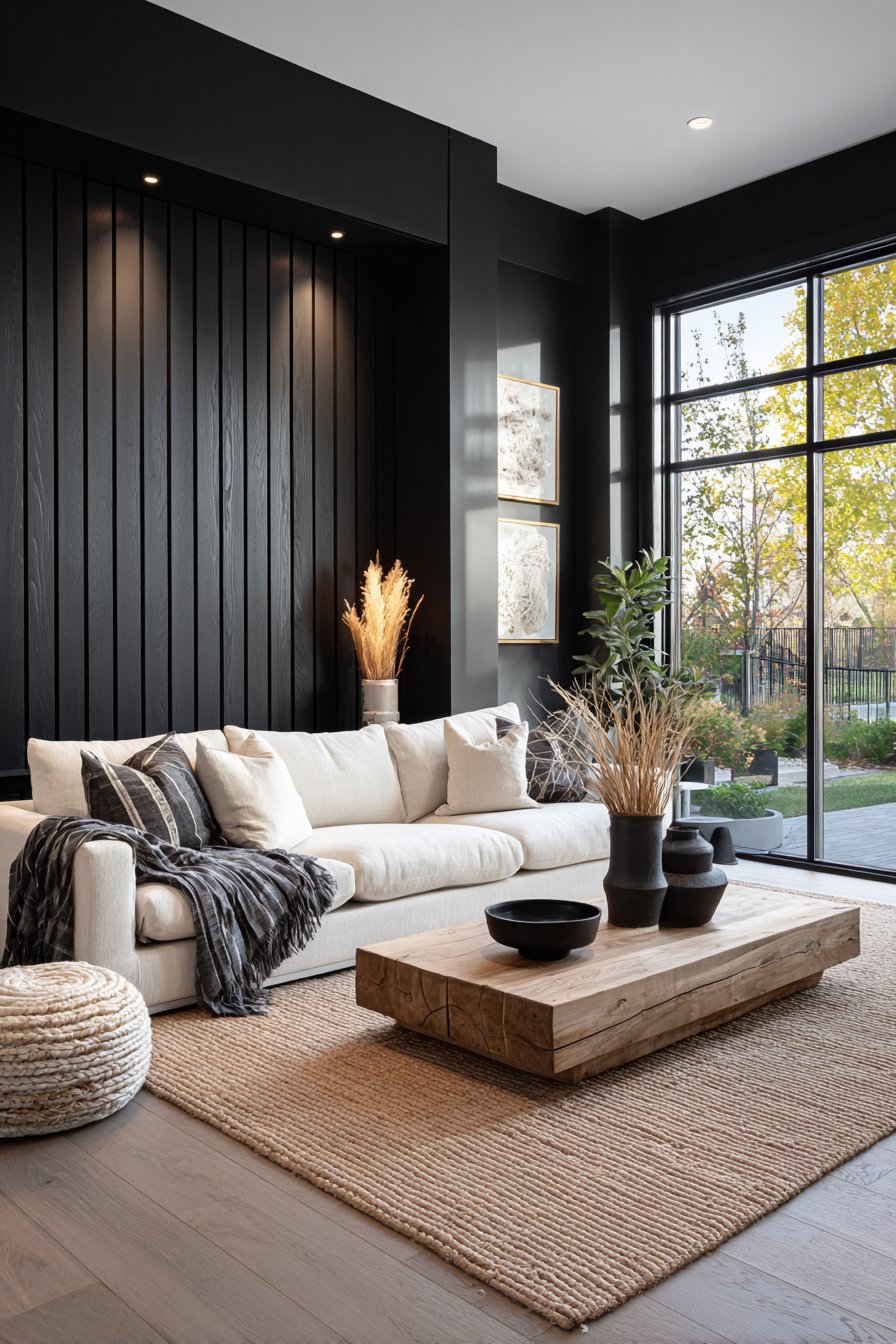 Black vertical wood slat wall behind cream sofa