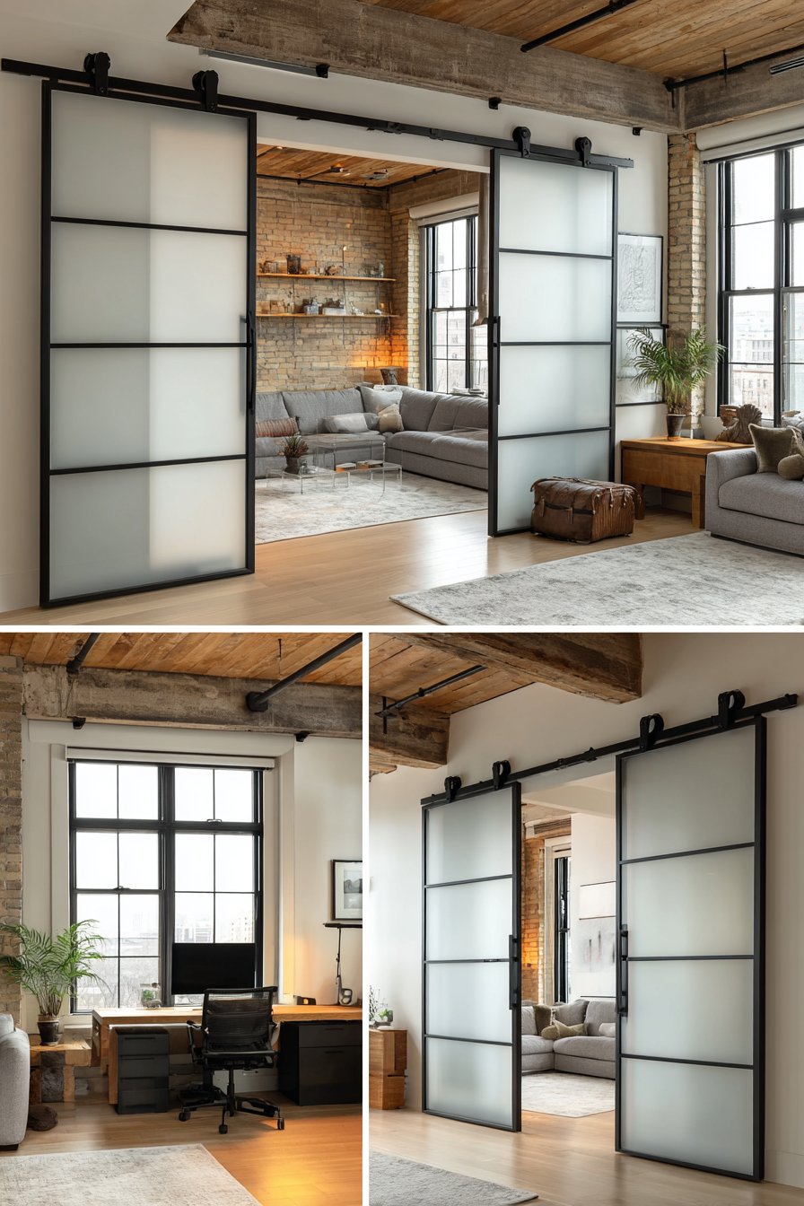 Frosted glass barn door between living room and office