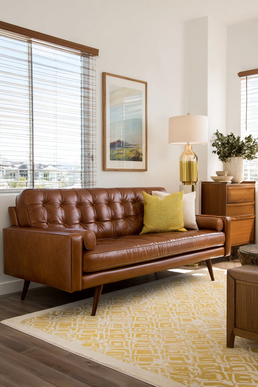 Tan leather sofa with tufted back and tapered legs