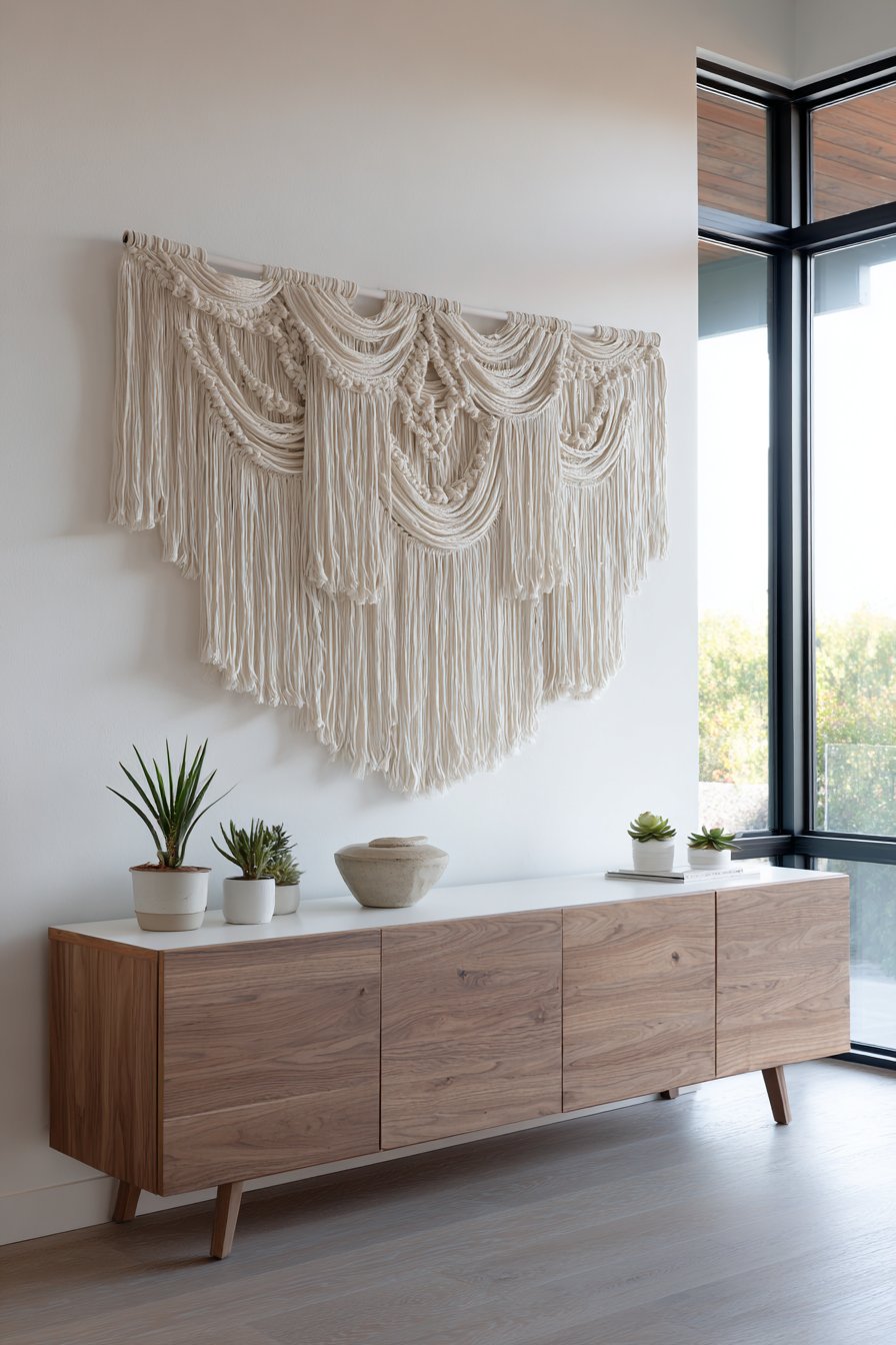 Floating walnut shelves on shiplap wall