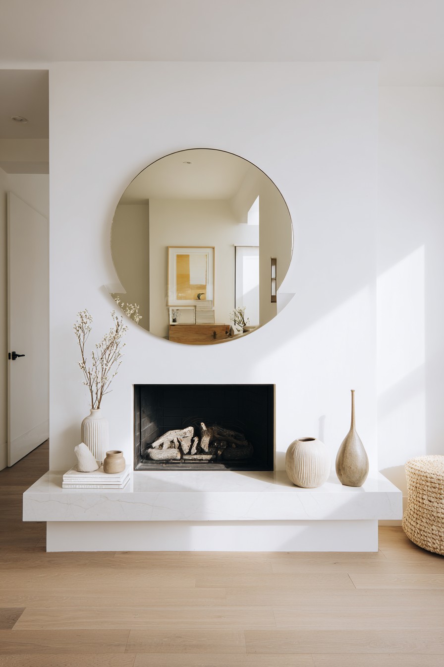 Frameless beveled mirror above white fireplace mantel