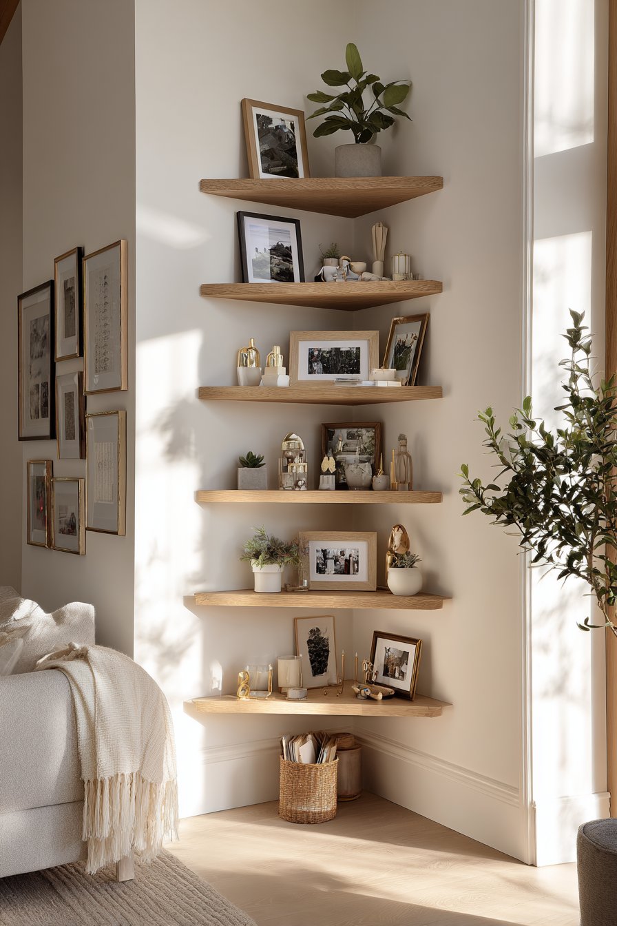 Custom triangular corner shelving with decor