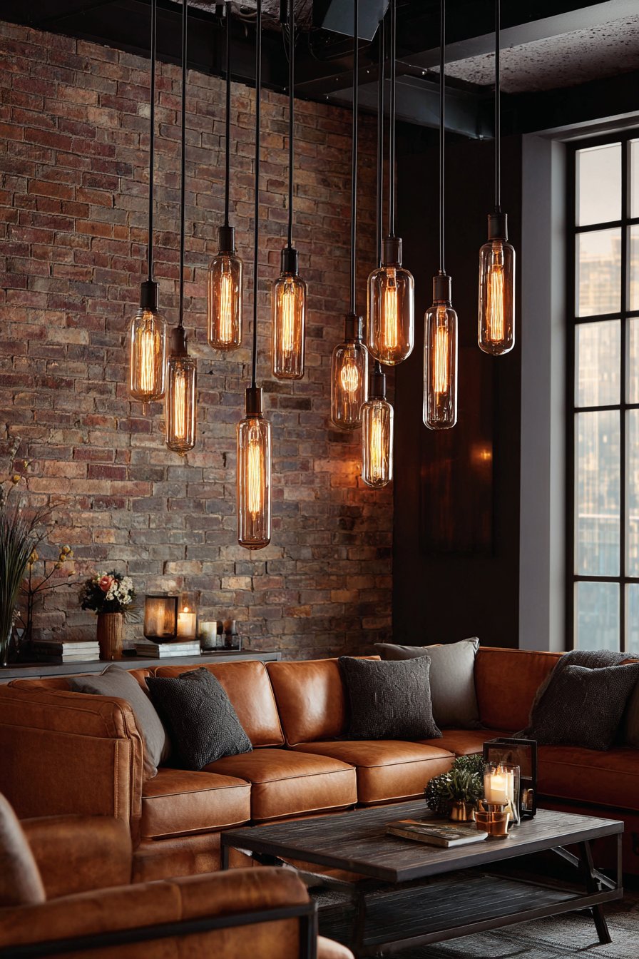 Clustered Edison pendant lights at varying heights