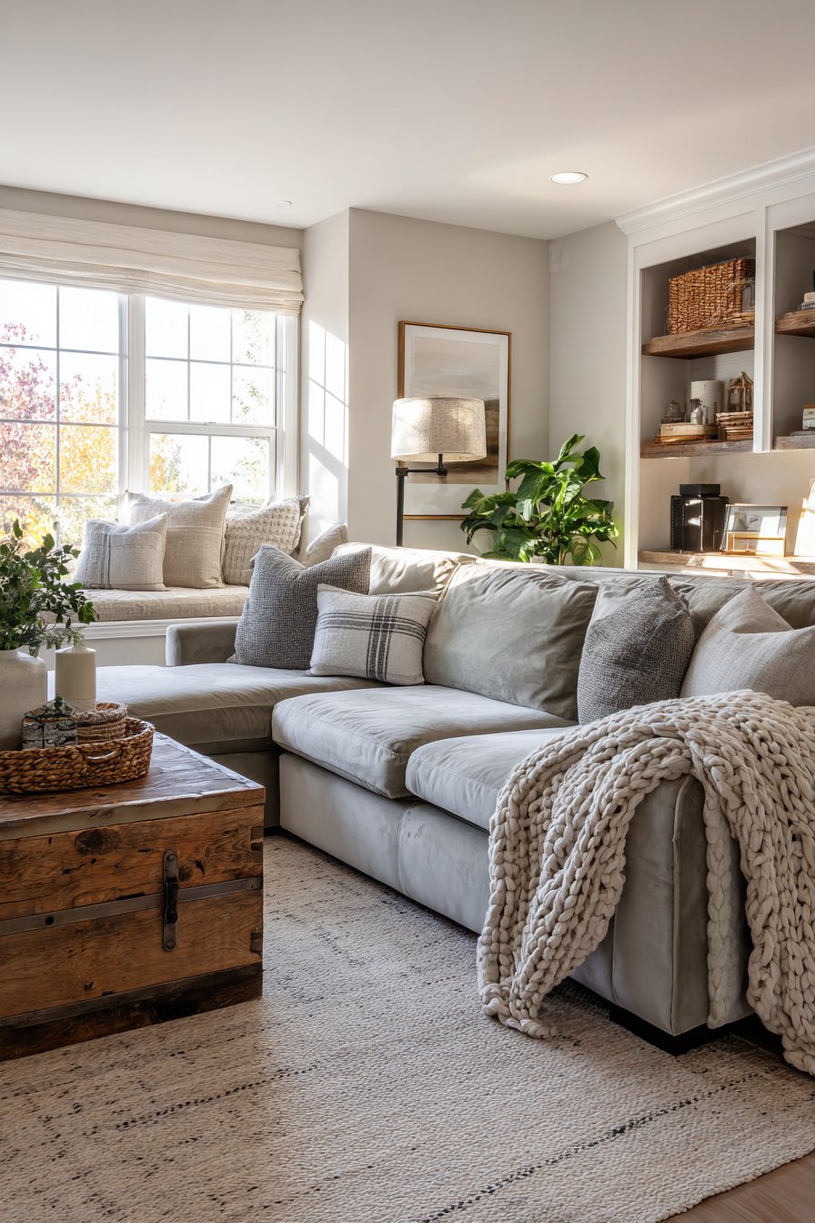 Sage green velvet sectional with reclaimed wood console