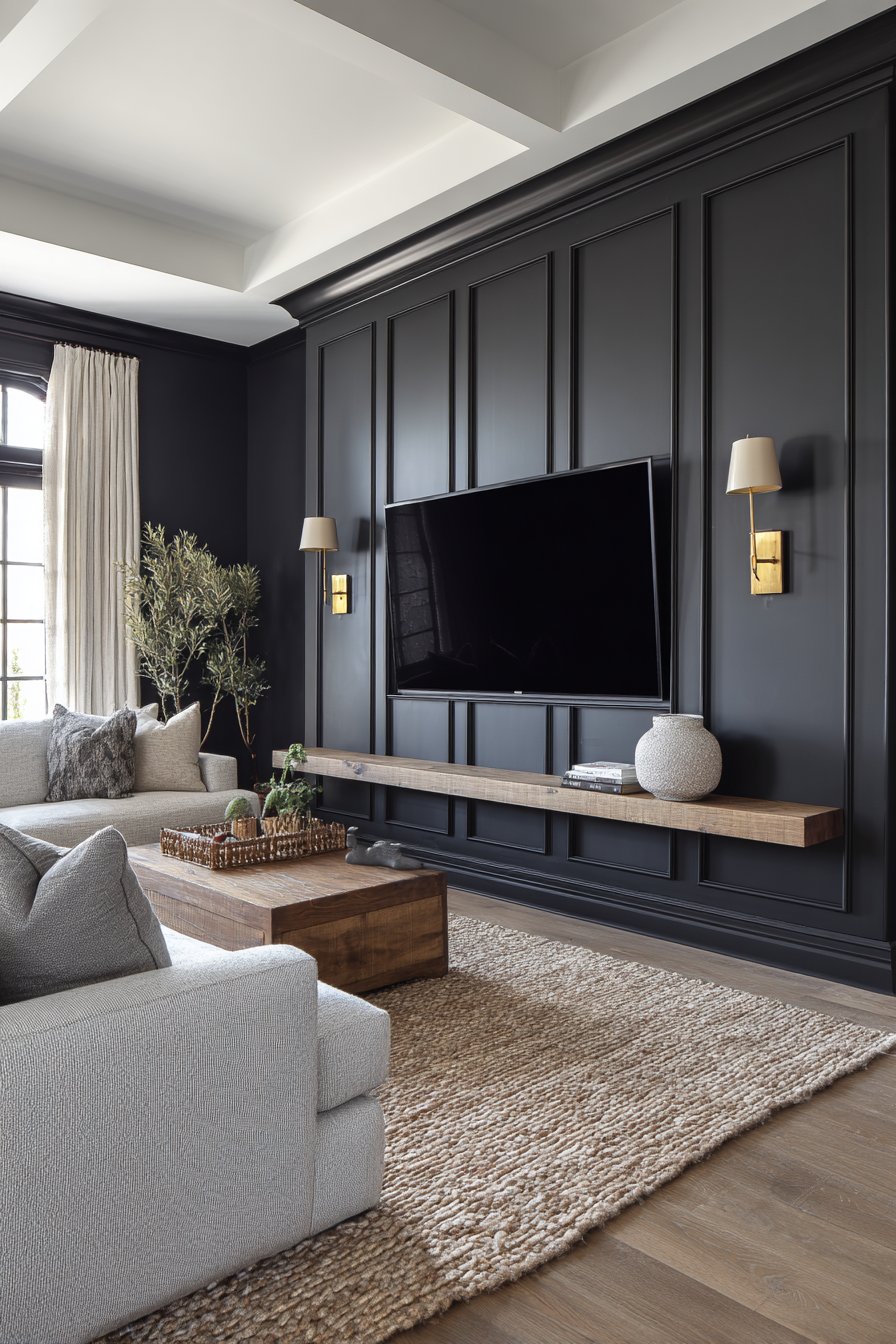 Dark grey accent wall with TV and picture frame molding