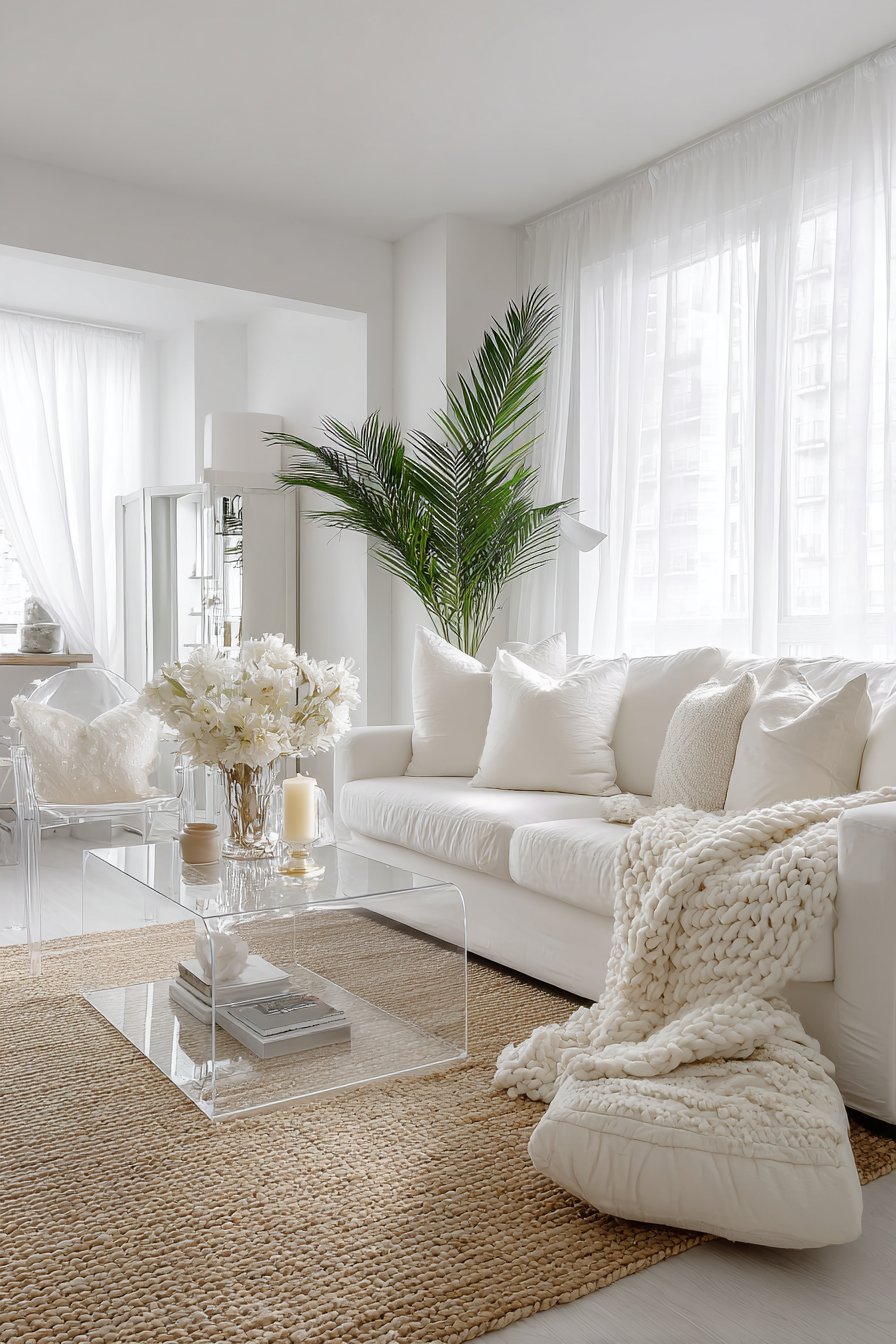 All-white living room with textured accents