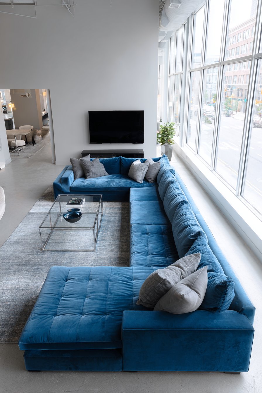 Slate blue microfiber sectional with clean lines in modern living room