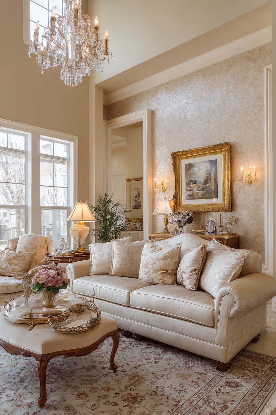 Champagne beige silk sofa with damask wallpaper