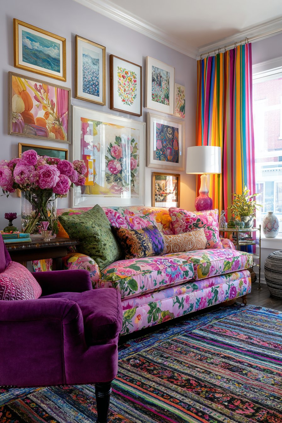 Floral chintz with rainbow stripes and Persian rug