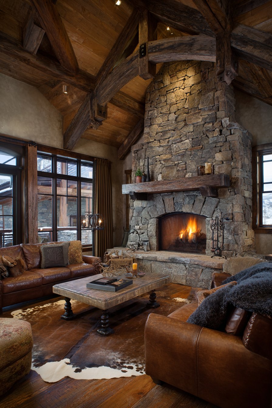 River rock fireplace to vaulted ceiling with barn wood beam