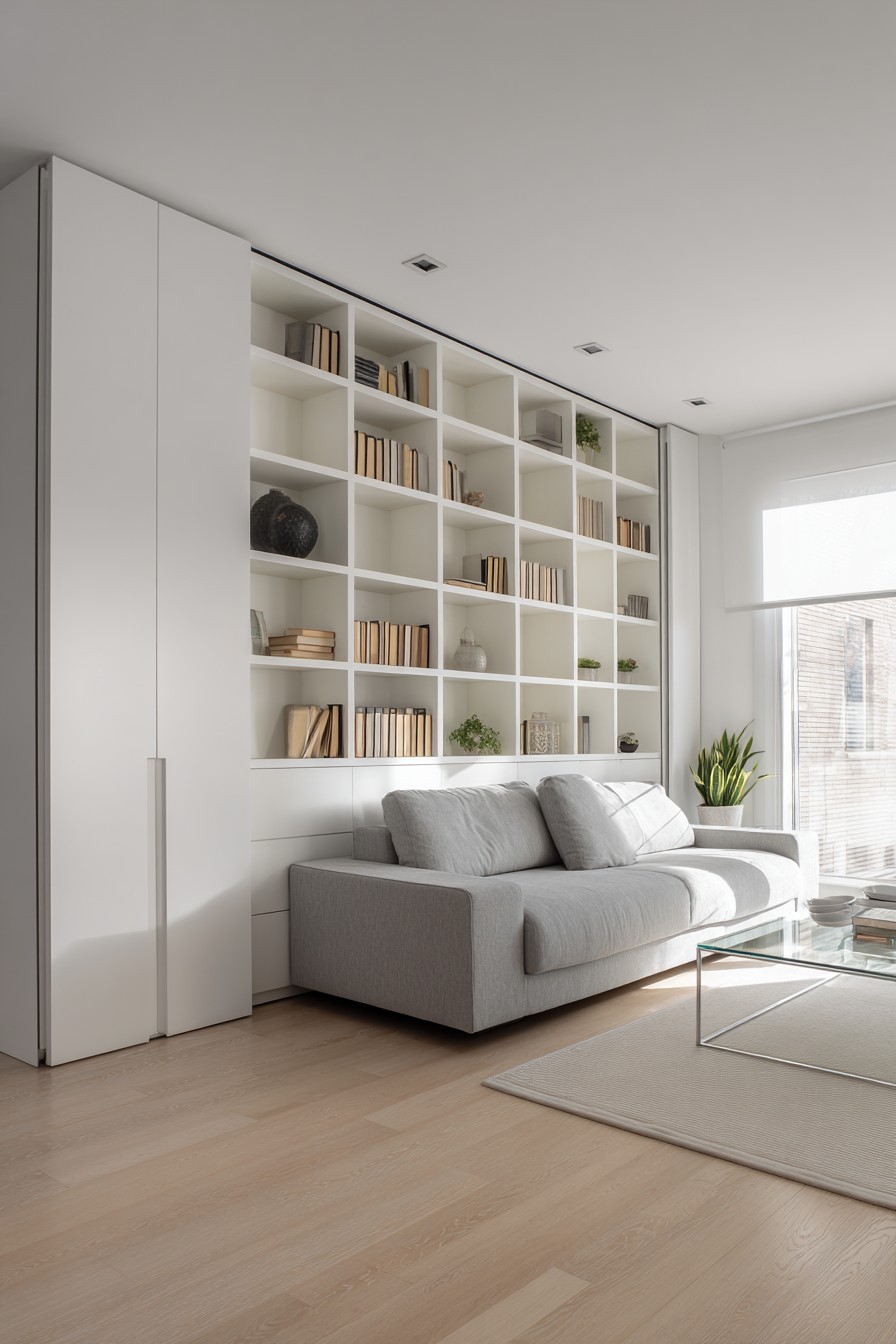 Floor-to-ceiling white cabinets with push-to-open doors