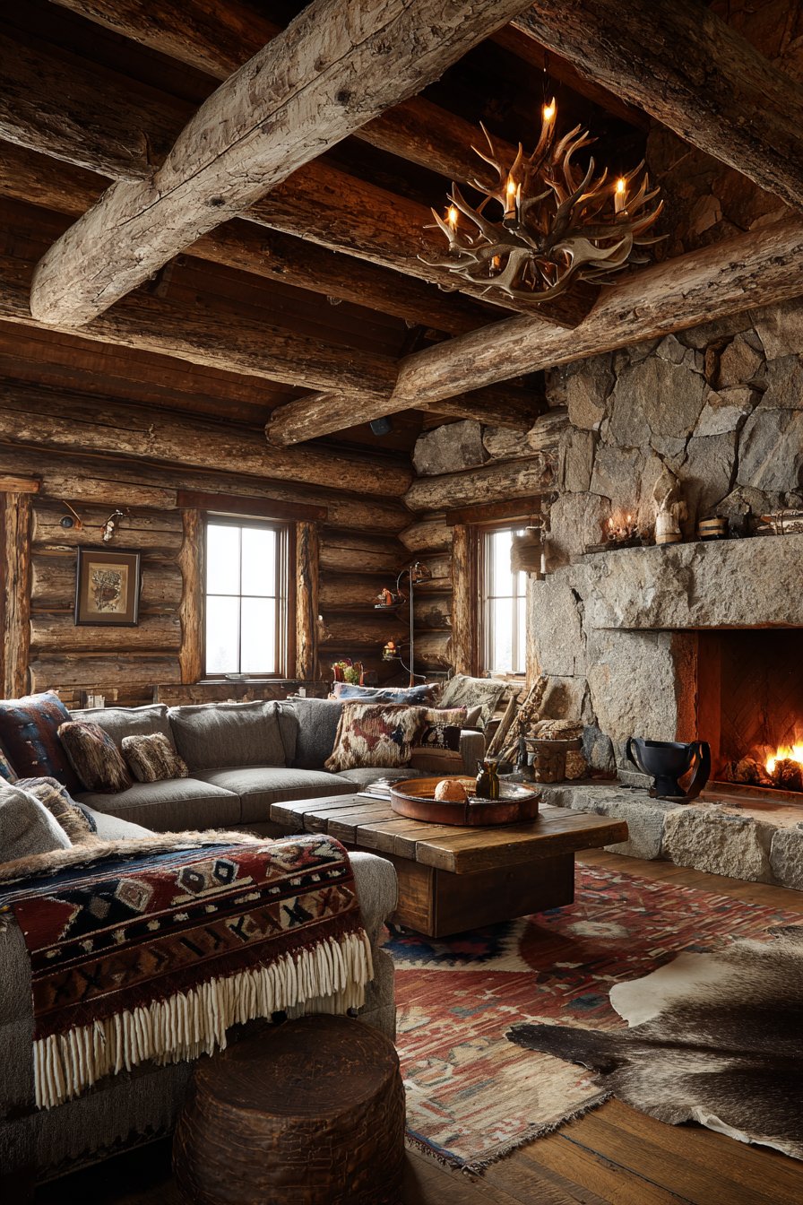 Log walls with willow furniture and Pendleton blankets