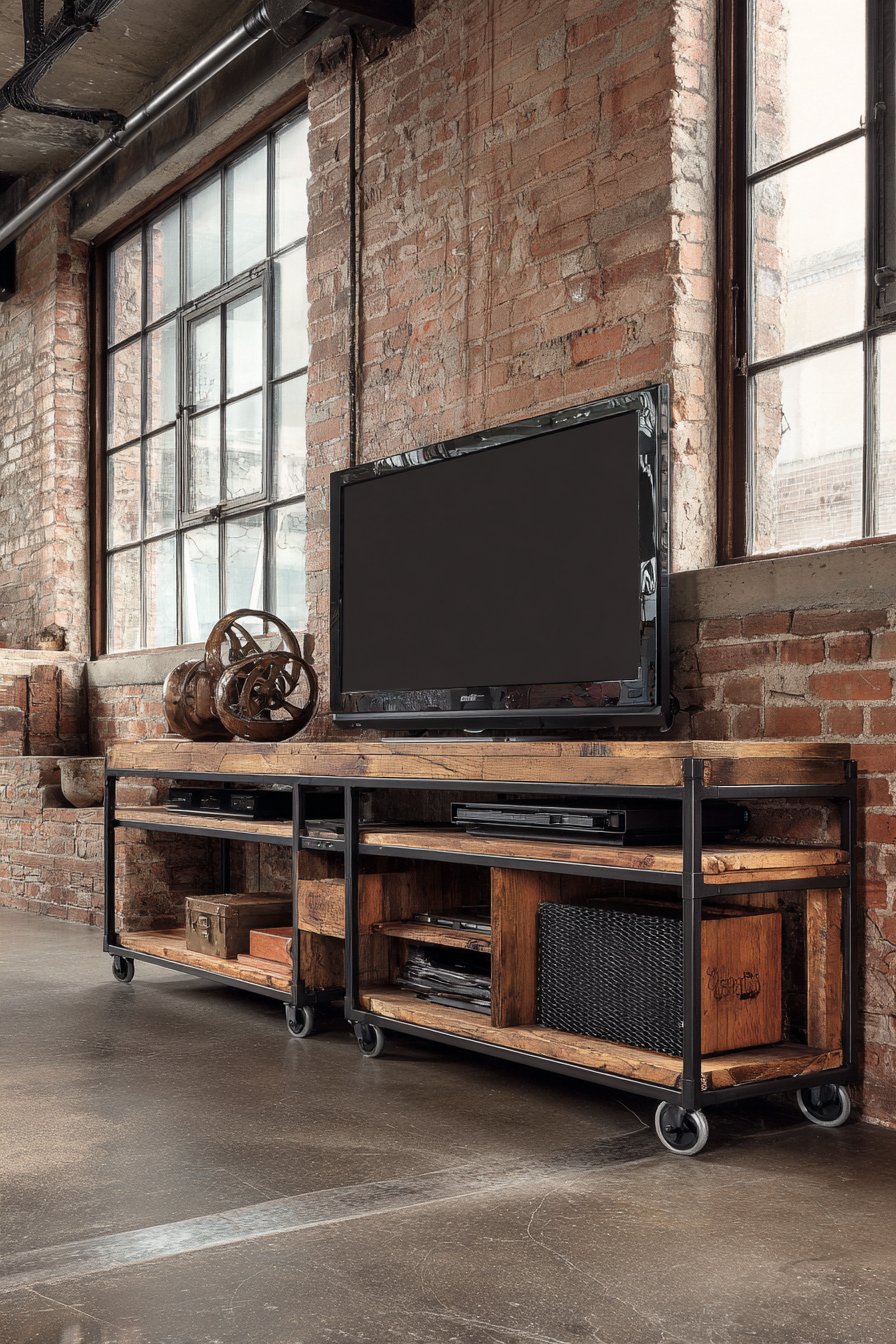 Metal frame stand with reclaimed wood shelves on wheels