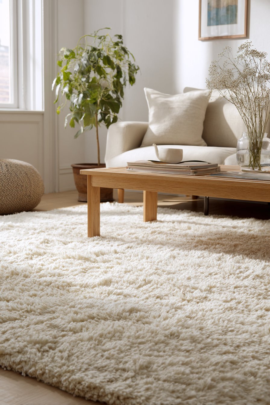 Luxurious cream wool shag with 2-inch pile depth