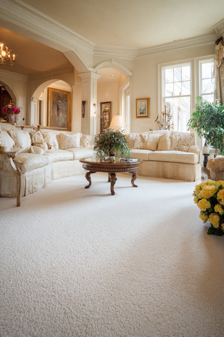 Pristine cream saxony carpet in formal living room