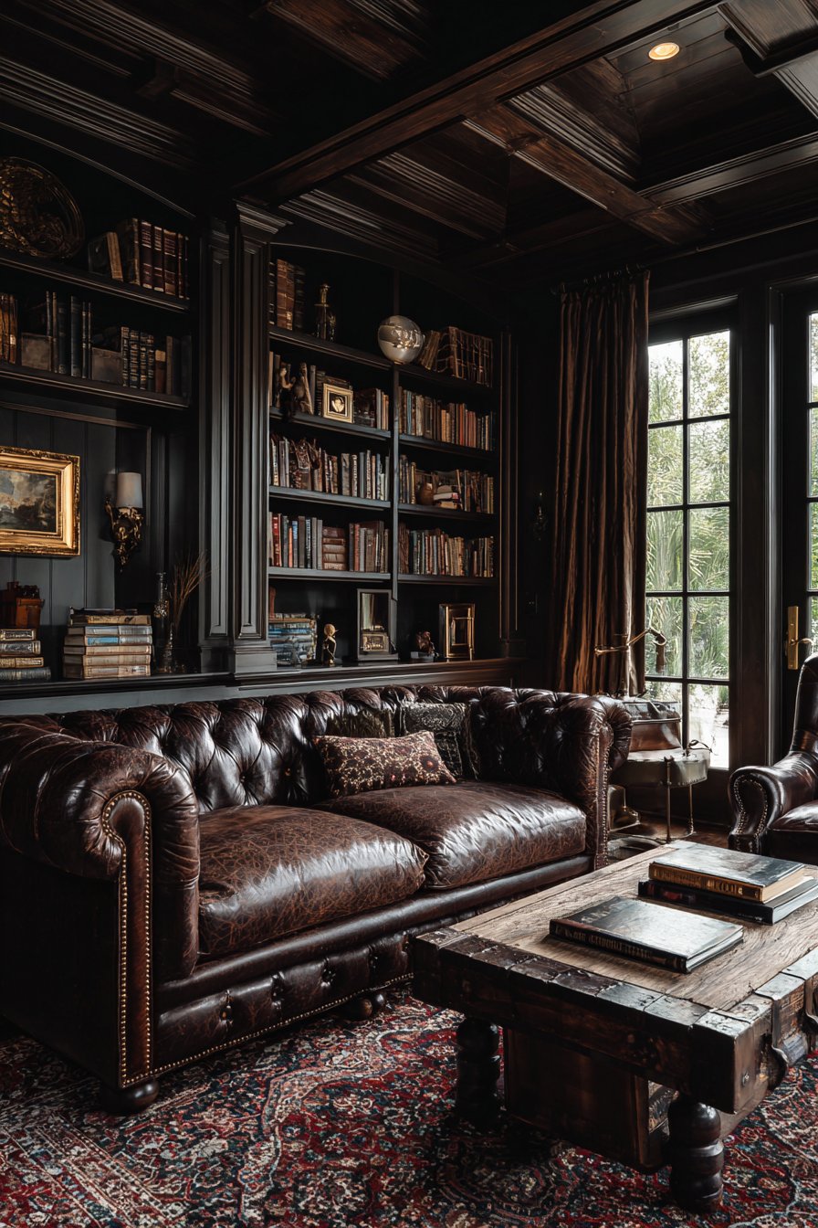 Vintage brown leather Chesterfield with rolled arms