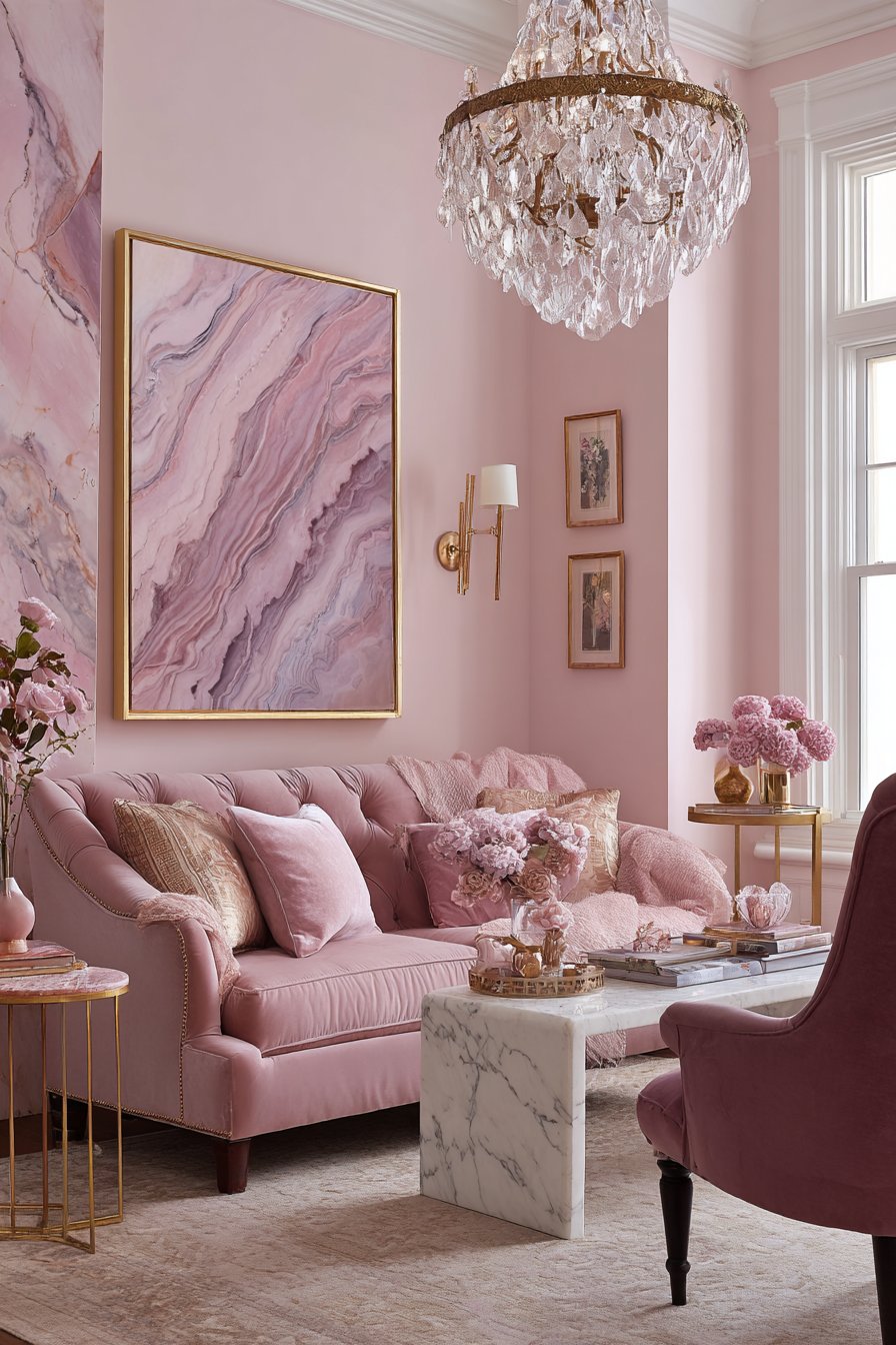 Pale blush walls with dusty rose sofa and mauve chair