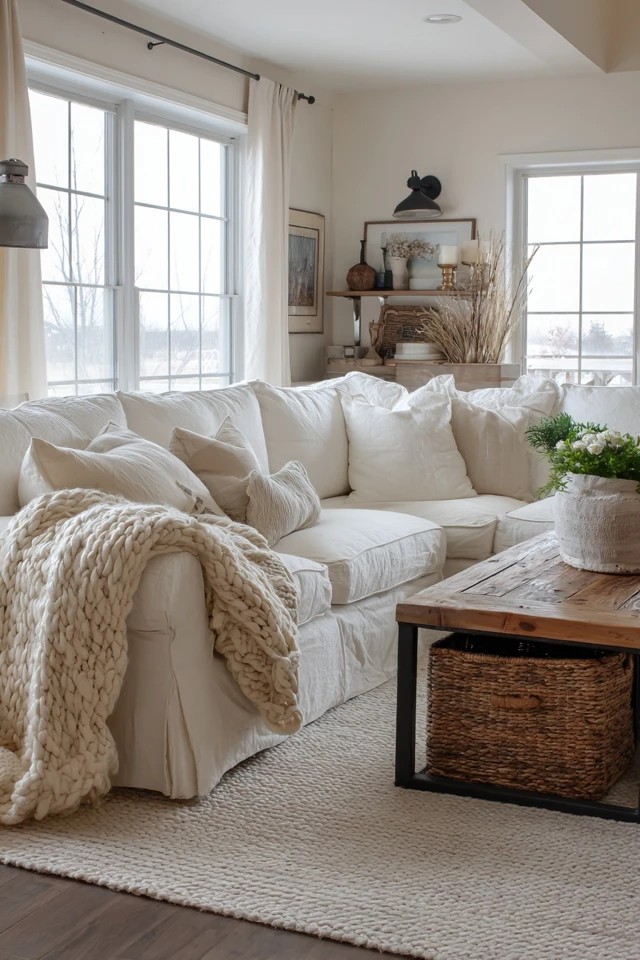 White slipcover sectional with chunky knit throws