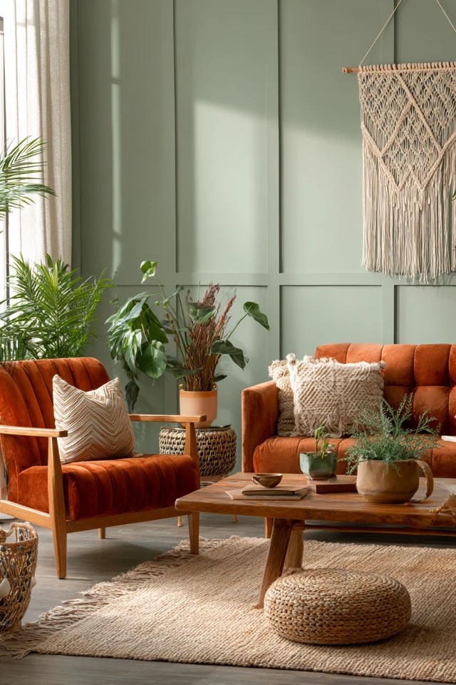 Sage walls with rust terracotta velvet chairs