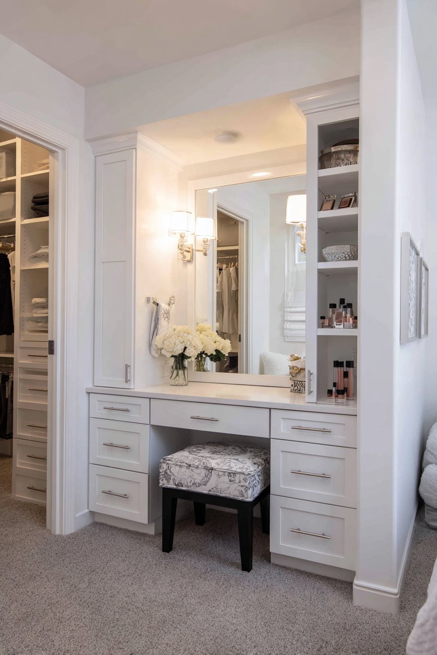 Custom white cabinetry vanity nook in walk-in closet