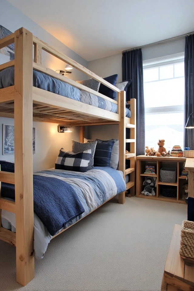 Natural wood bunk beds with individual lights and shelves