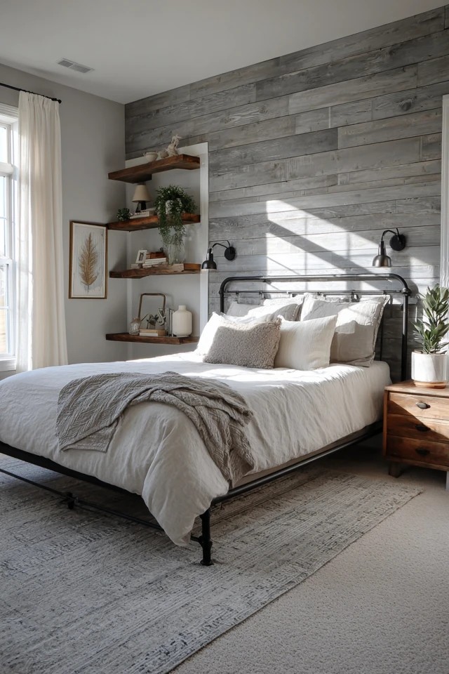 Weathered grey horizontal shiplap wall behind white iron bed