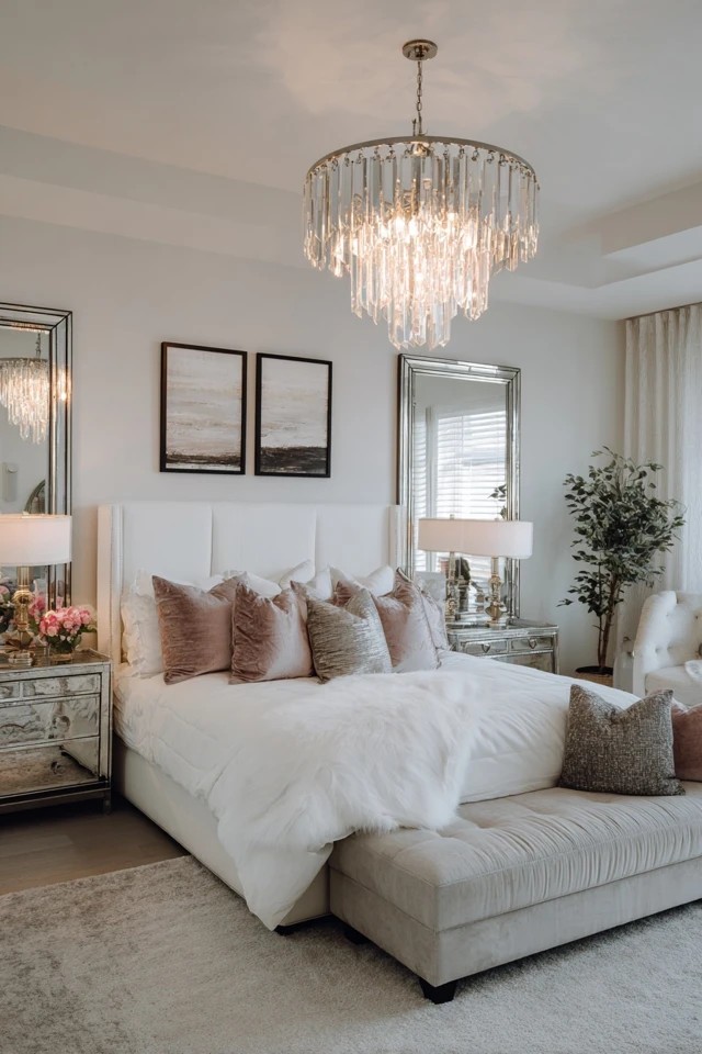 Elegant chandelier above bed with luxurious silk bedding