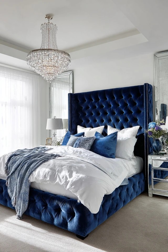 Rich blue upholstered bed with crystal chandelier