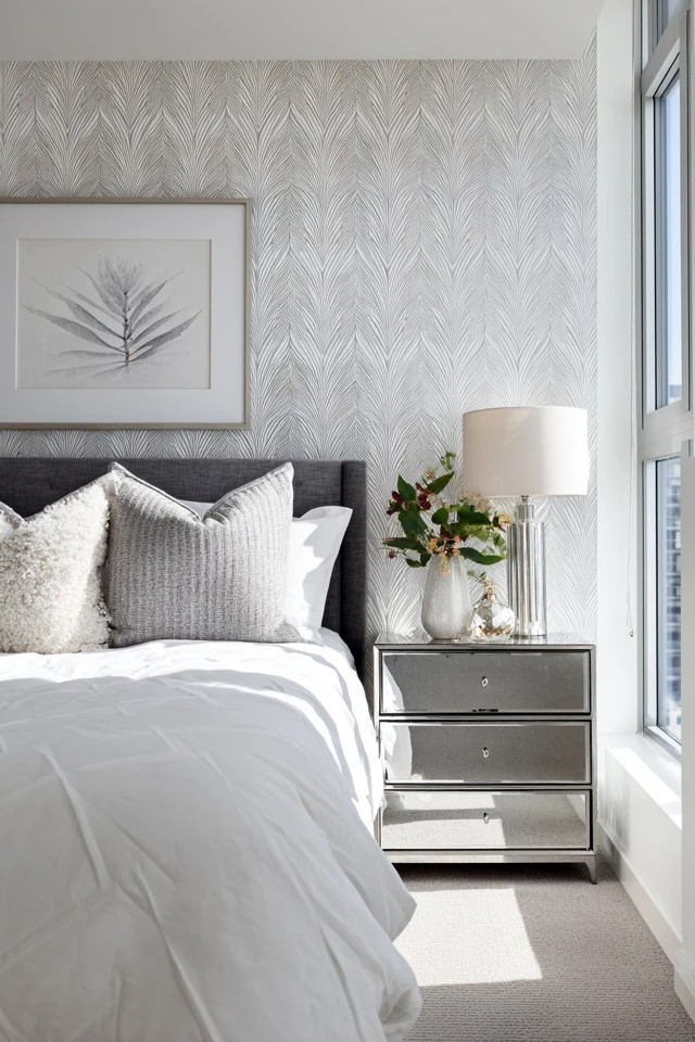 Abstract geometric design in silver and white behind bed