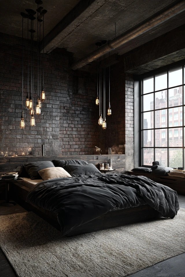Unpainted dark brick with Edison bulbs and metal accents