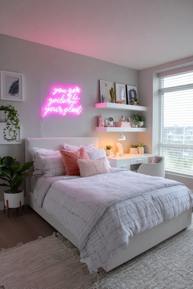 LED neon light with motivational quote above bed