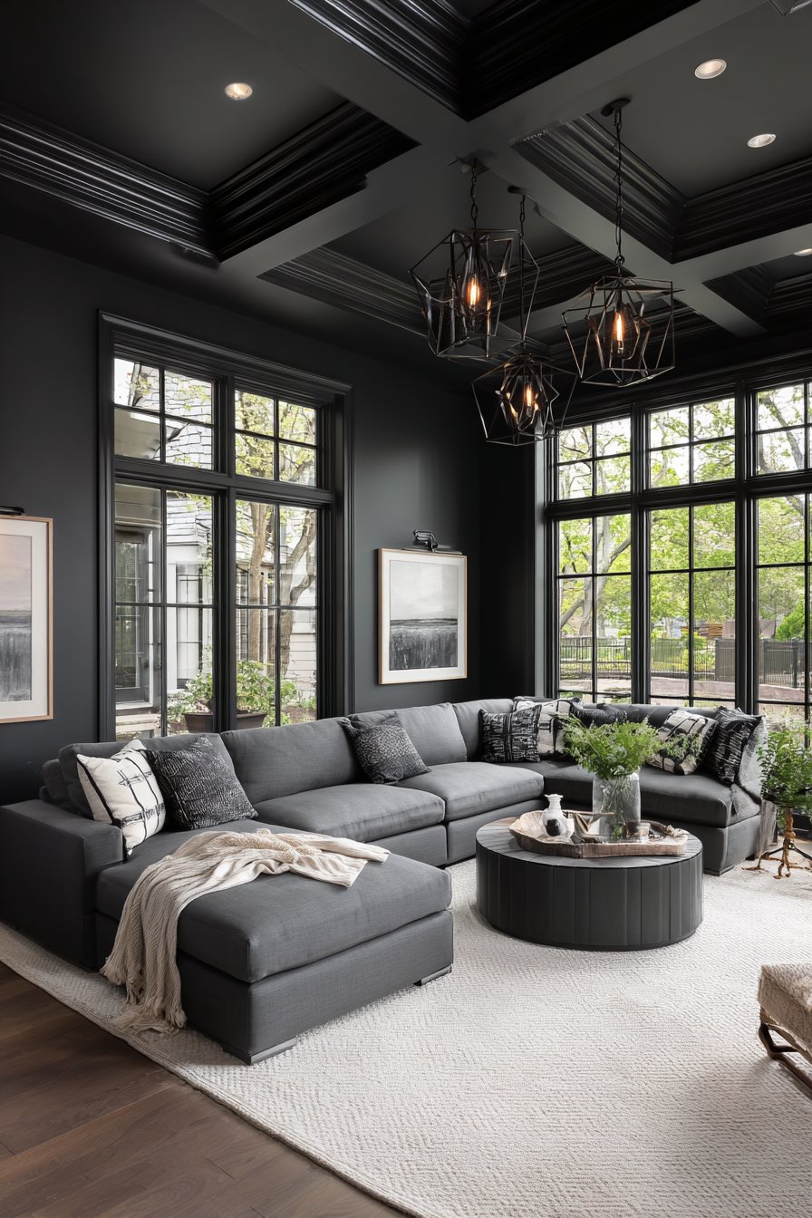 Black ceiling with white crown molding and grey sectional
