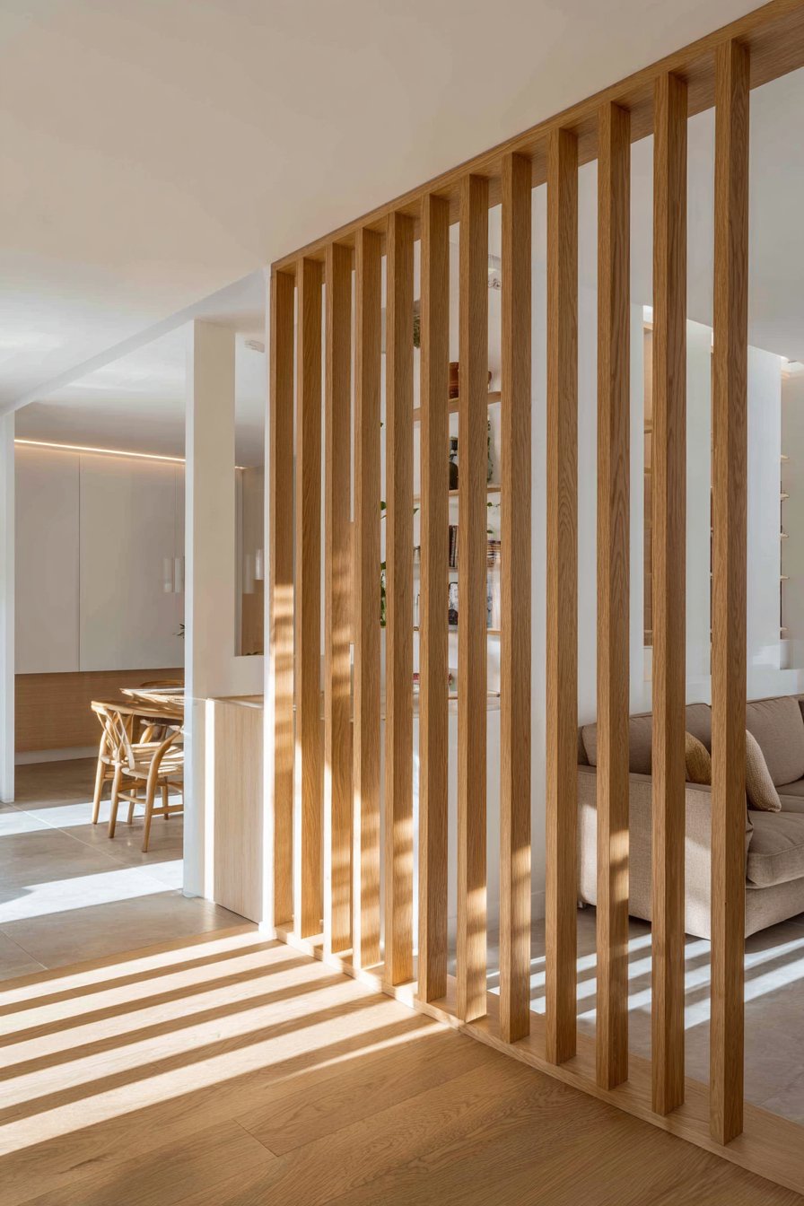 Light oak vertical slat divider with shadow patterns