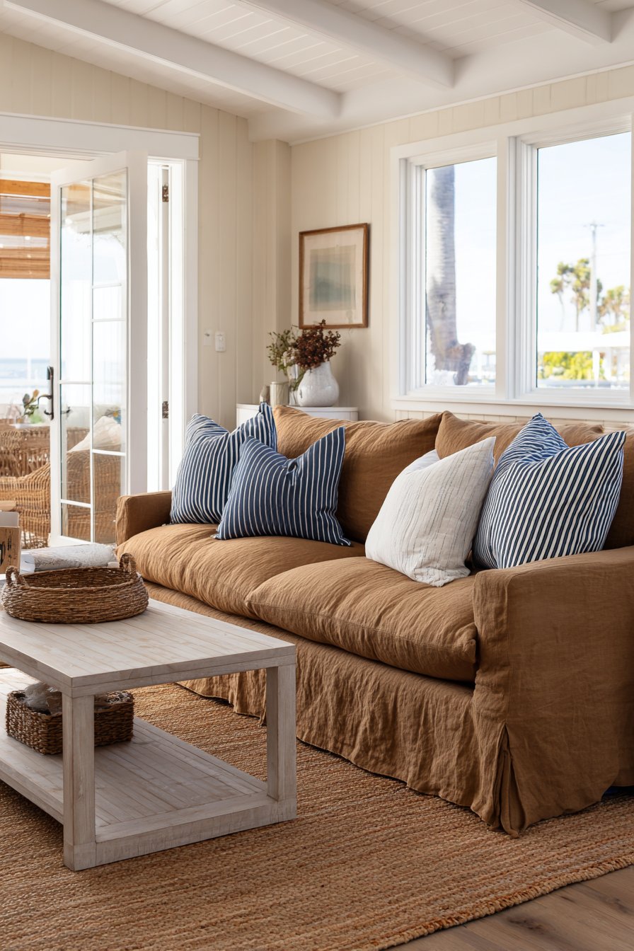 Caramel brown linen slipcovered sofa in beach house