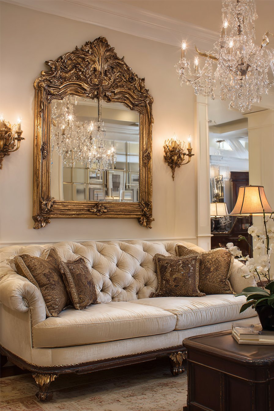 Antique gold carved mirror above tufted velvet sofa