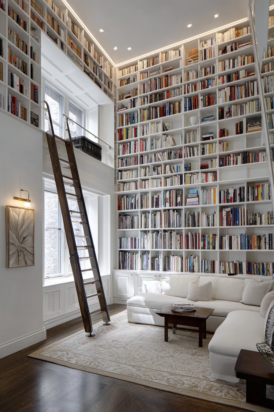 Wraparound corner bookshelf with library ladder