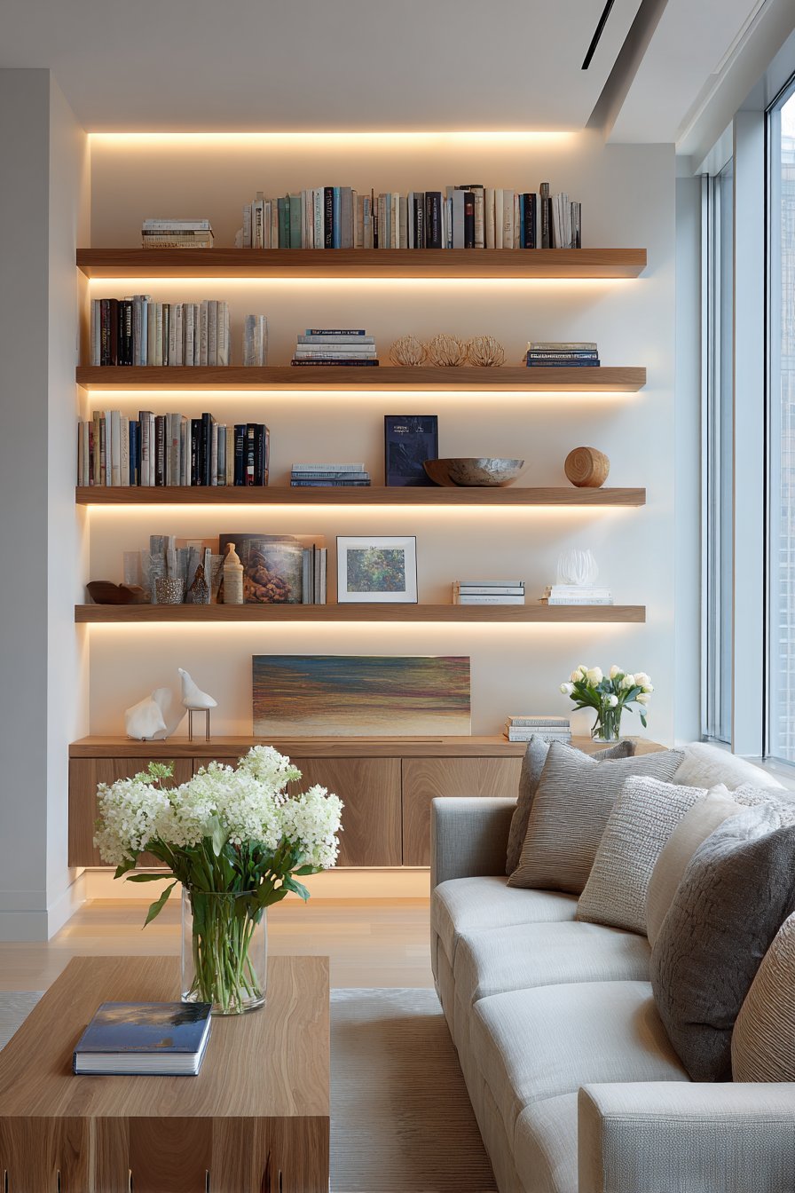 Floating shelves with concealed LED strip lights