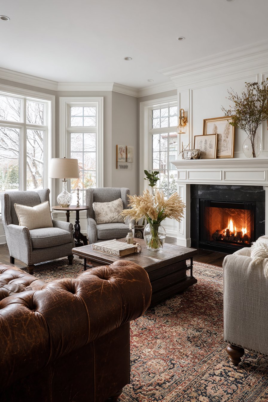 Grey linen armchairs flanking fireplace with leather sofa