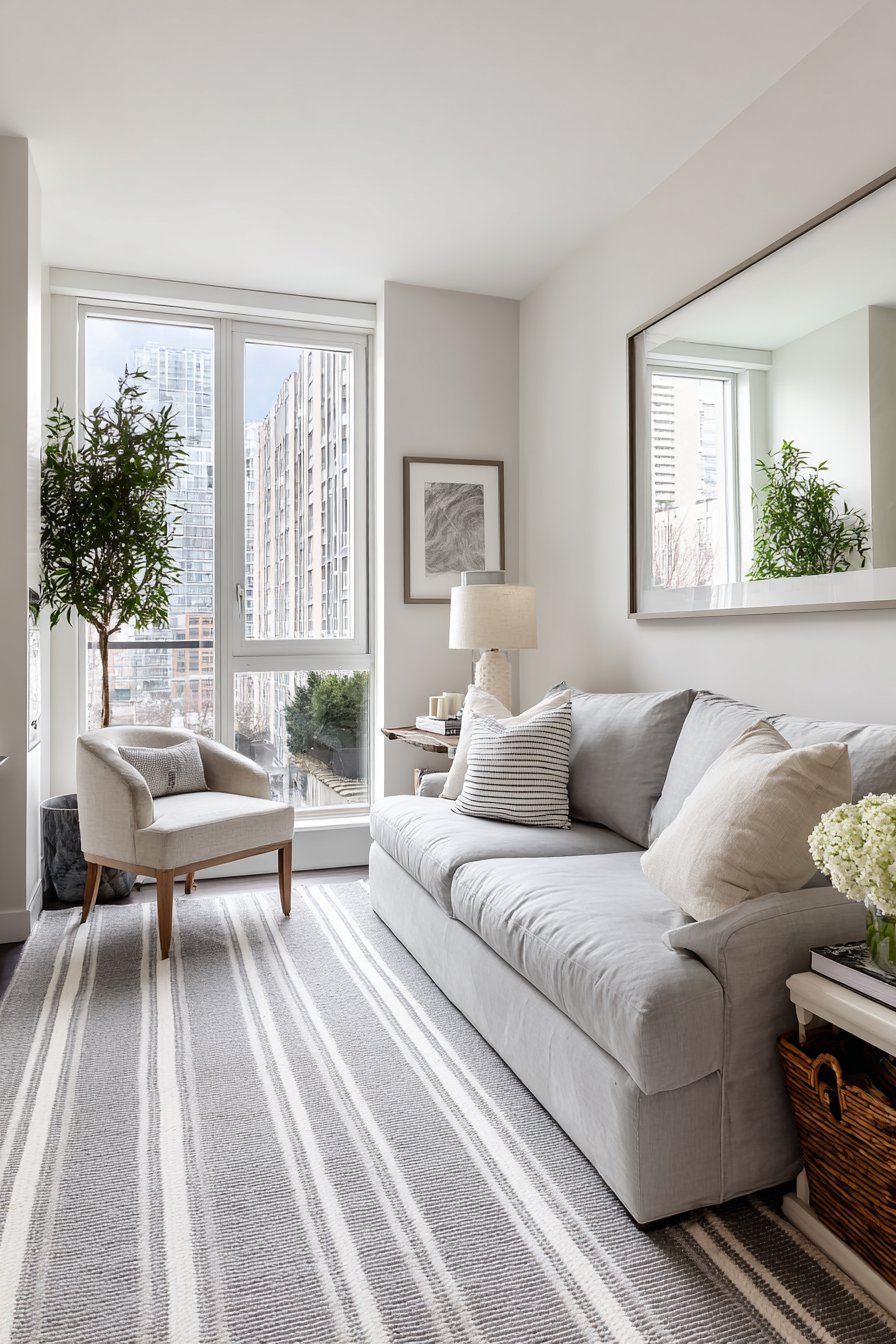 Large wall mirror reflecting light in narrow living room