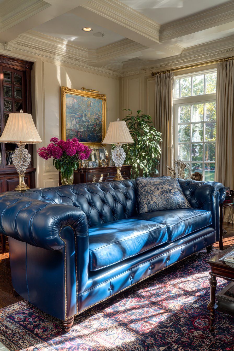 Royal blue leather Chesterfield sofa with diamond tufting in traditional room