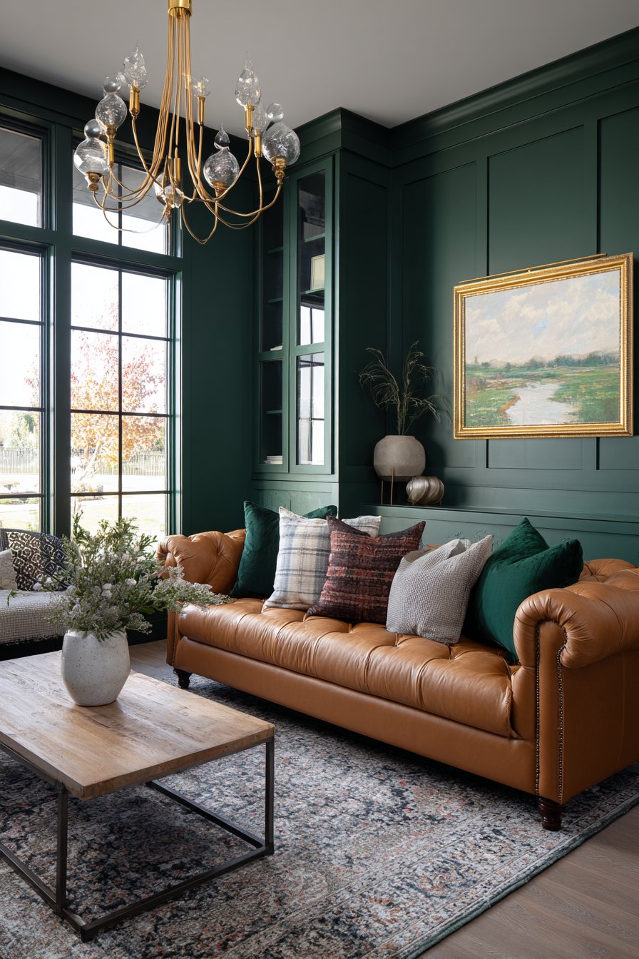 Emerald green accent wall living room