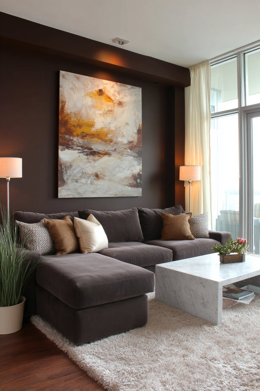 Deep espresso wall with white walls and grey sofa
