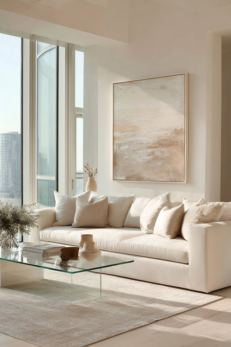 Warm taupe beige accent wall with white and glass