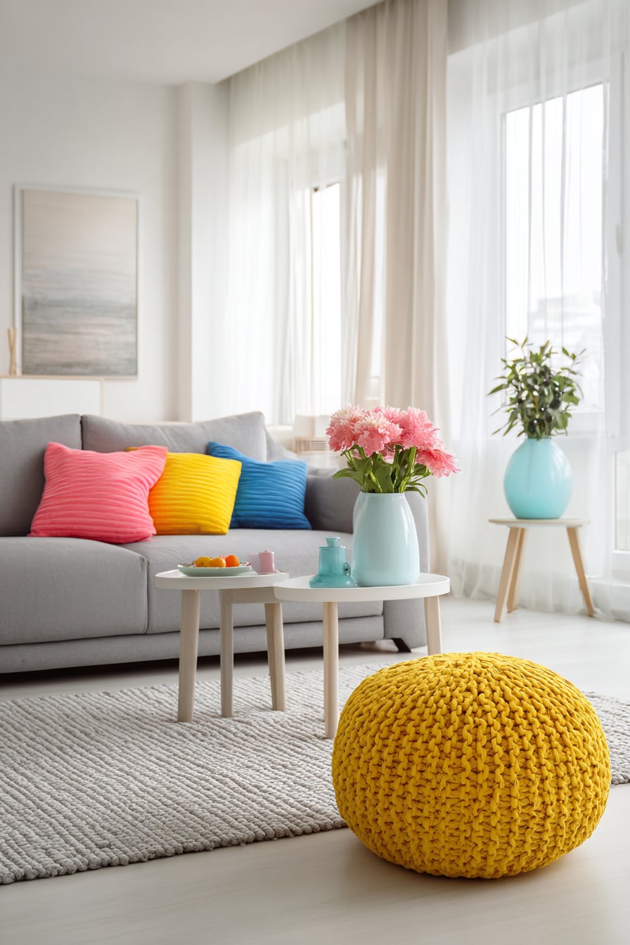 White room with coral, yellow, and blue accents