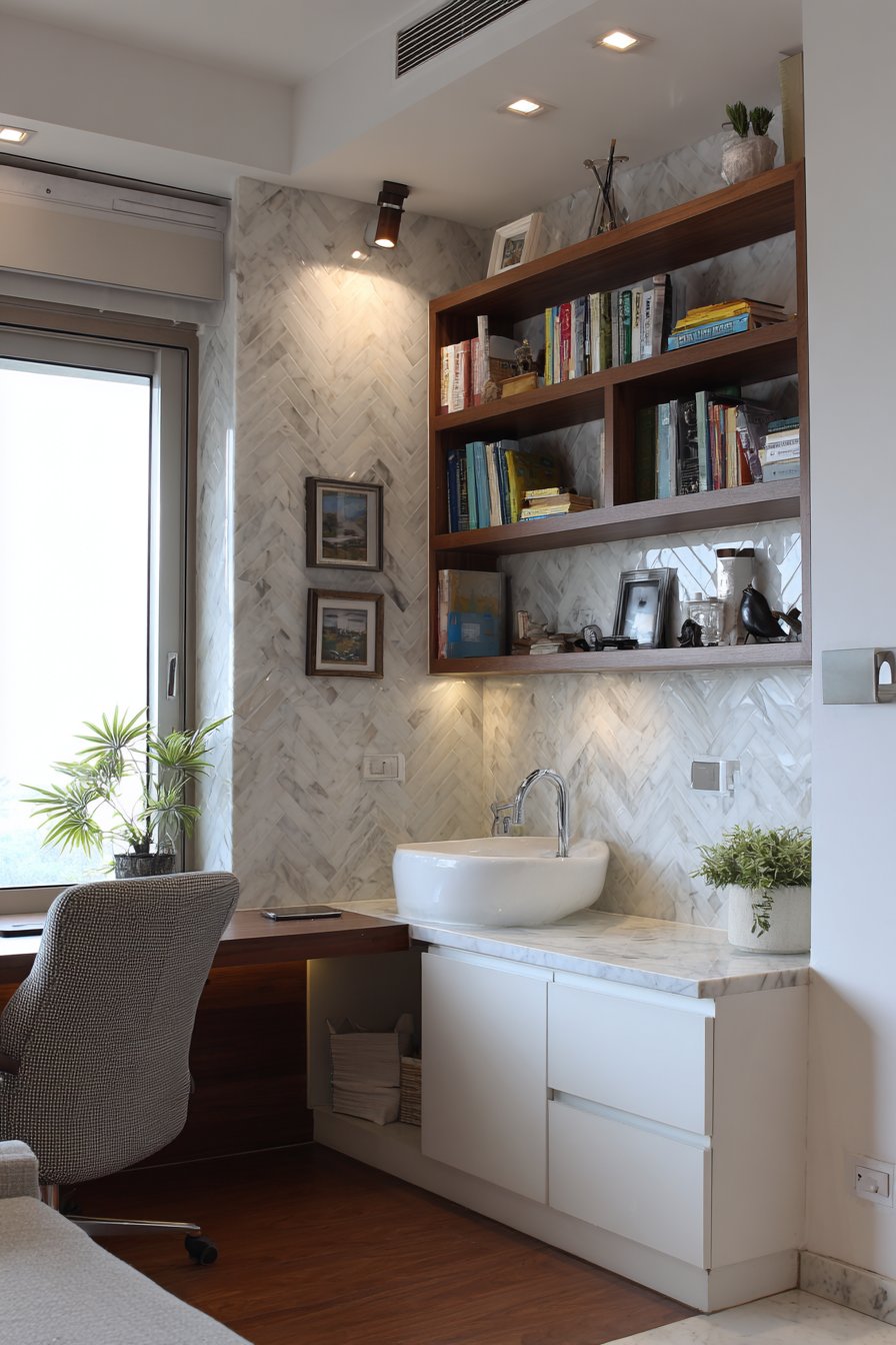 White cabinet sink in home office corner