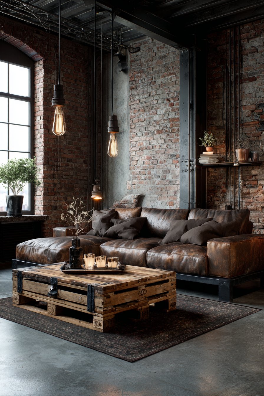 Exposed brick with reclaimed wood shelving and metal pipes