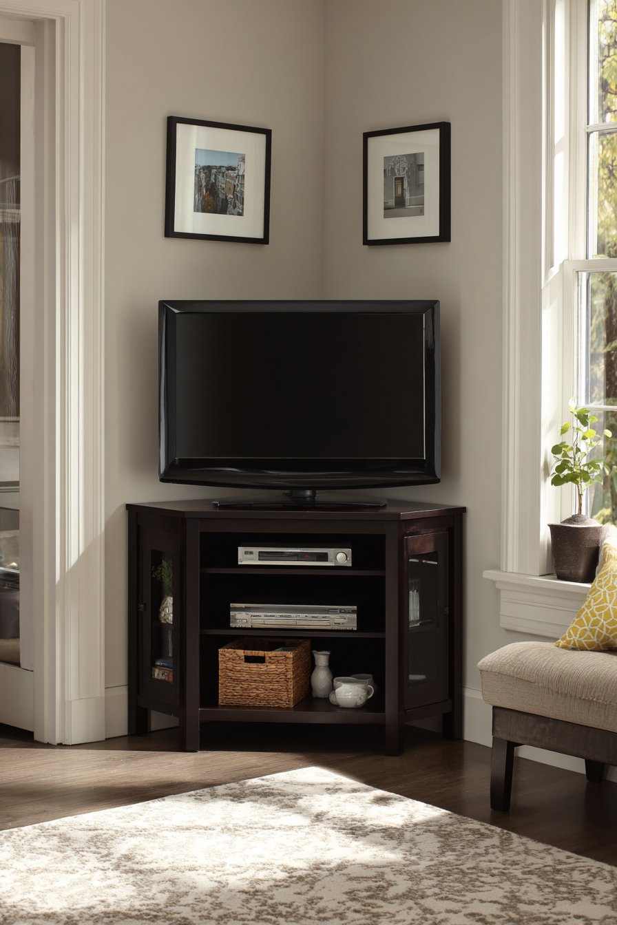 Dark espresso corner TV stand with angled front